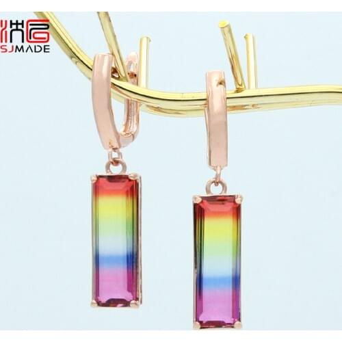 SJMADE Fashion Square Tourmaline Zircon Long Dangle Earrings 585 Rose Gold White Gold Personality Women Wedding Party Jewelry