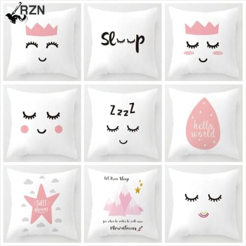 Nordic Children Cushion Cover Pink Crown Eyelash Cartoon Smile Sleep Sweet Eyelashes Cute Pillow Case Mountain For Room Decor