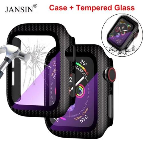 Carbon Fiber Cover For Apple Watch SE Series 6 5 44mm 40mm Screen Protective Case Tempered Glass For iWatch 42mm 38mm Bumper