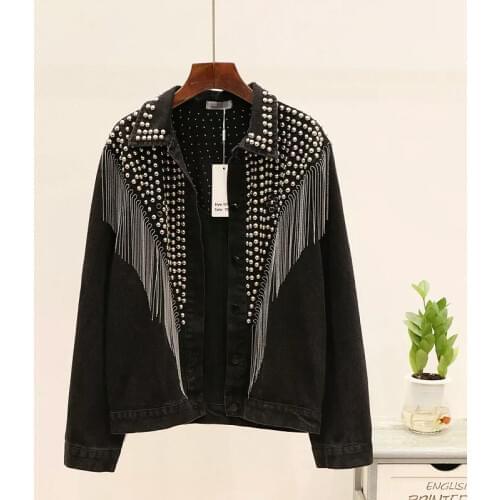 2020 Autumn Denim Jacket Coat Women Rivet Tassel Chain Short Coats Woman Loose Streetwear Long Sleeve Black Coats Outerwear
