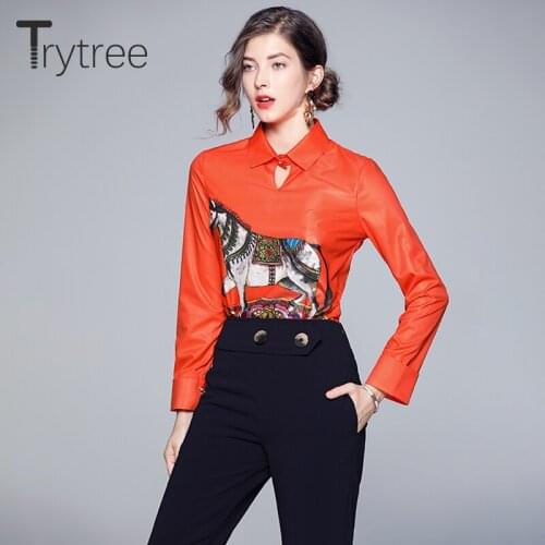 Trytree 2020 Autumn Winter Women Casual Blouse Turn-down Collar Button Animal Blouse Fashion Orange All-Purpose Style Blouse