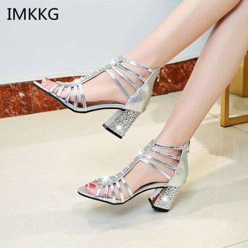 Women Sandals 2018 Summer High Heels Women Shoes Sandals Diamond Square Heel Wedding Shoes Fashion Bling 7cm heel Q375