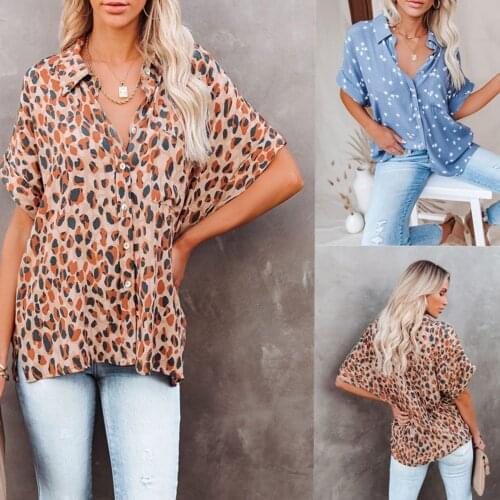 Ladies 2021 Summer Short Sleeve Lapel Button Casual Loose Print Slip Blouses