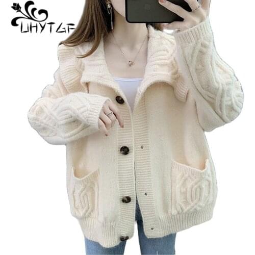 UHYTGF Cute Girl Autumn Sweater Coat Single-Breasted Knitted Cardigan For Women Casual Warm Loose Plus Size Tops Jacket 1784