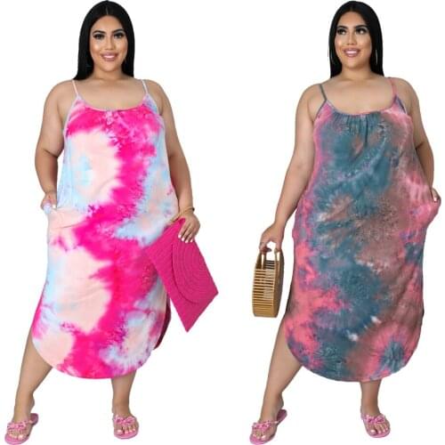 Women Tie Dye Printed Plus Size Dress 4XL Vintage Elegant Loose Long Dresses Ladies Spaghetti Strap Robe Longue Party Sundresses