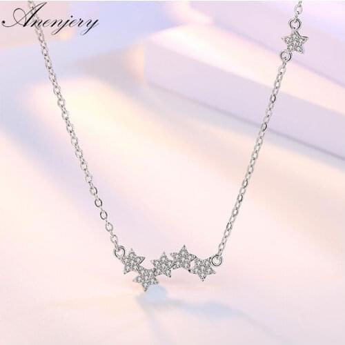 ANENJERY 925 Sterling Silver Jewelry Crystal Stars Sparkling Necklaces & Pendant Statement Necklace For Women S-N29