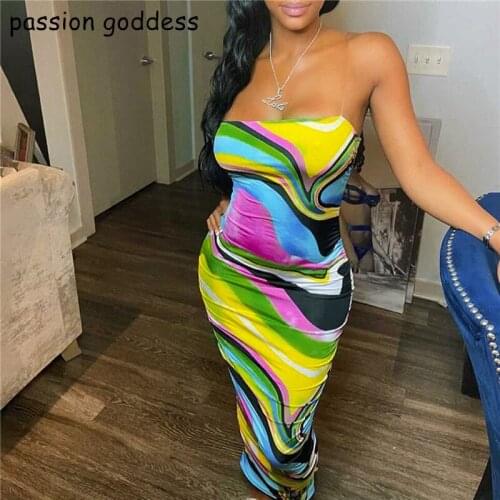 2021 Women Summer Strapless Slash Neck Bodycon Tie Dye Sexy Long Dress Sleeveless Skinny Maxi Party Club Dress Vestido De Mujer
