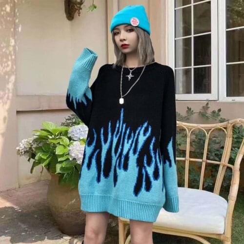 2020 Winter Autumn New Loose Long Blue Flame Sweater Women O-Neck Plus Size Blue Female Pullover Womens Sweater