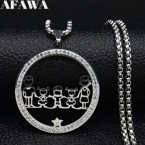2021 Fashion Family Dad Mum Two Daughter Boys Crystal Stainless Steel Silver Color Chain Necklace Women Jewelry collares N19436