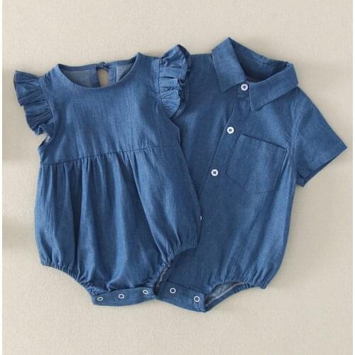 2021 Newborn Baby Clothes For Boys And Girls Summer Flying Sleeve Bodysuit For Twins Denim 0-12m Baby Infant Short Sleeve Outfit