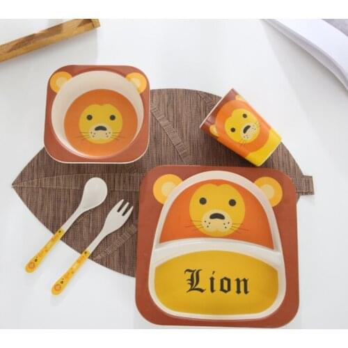 5pcs/set Baby Dish Tableware Children Cartoon Feeding Dishes Kids Natural Bamboo Fiber Dinnerware With Bowl Fork Cup Spoon Plate
