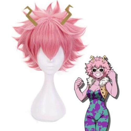 Anime My Hero Academia Mina Ashido Pink Wig with Headwear Cosplay Costume Boku No Hero Academia Heat Resistant Hair Wigs