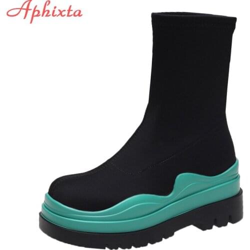 Aphixta Winter Platform Height Increasing Womens High Boots Elastic Band Stretch Fabric Round Toe Rubber Gothic Ankle Boots