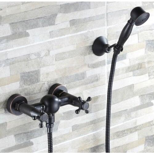 Black Oil Rubbed Brass Double Cross Handles Wall Mounted Bathroom Shower Faucet Mixer Tap With Handshower mtf016