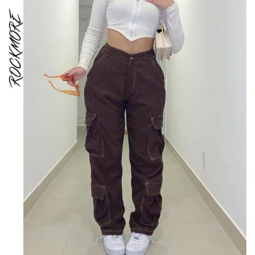 Rockmore Brown Casual Baggy Jeans Women Pockets Straight Cargo Pants Streetwear Vintage High Waist Wide Leg Denim Trousers 2021