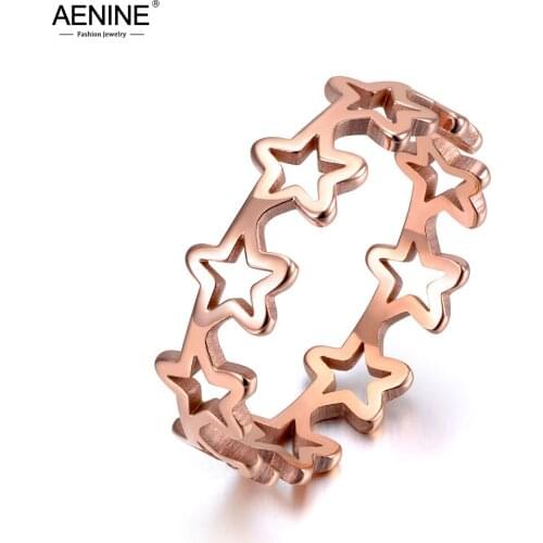 AENINE Trendy Titanium Stainless Steel Hollow Stars Rings For Women Girls Office Rose Gold Gypsophila Charm Ring Jewelry AR19131