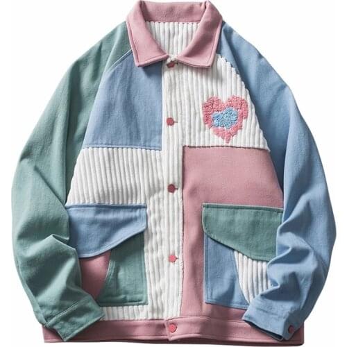 Harajuku Varsity Baseball Jacket Men Color Block Patchwork Heart Embroidered Bomber Jackets Japanese Cotton Casual Unisex Coat