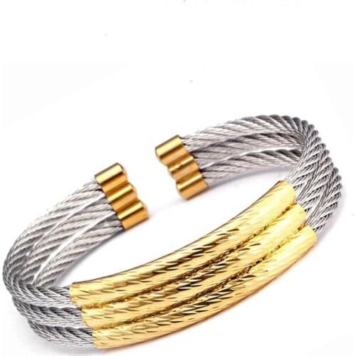 High Quality Fashion Male Open Cuff Bangles Punk Unique 3 Layers Stainless Steel Wrap Charm Bracelets Men Women Bangles