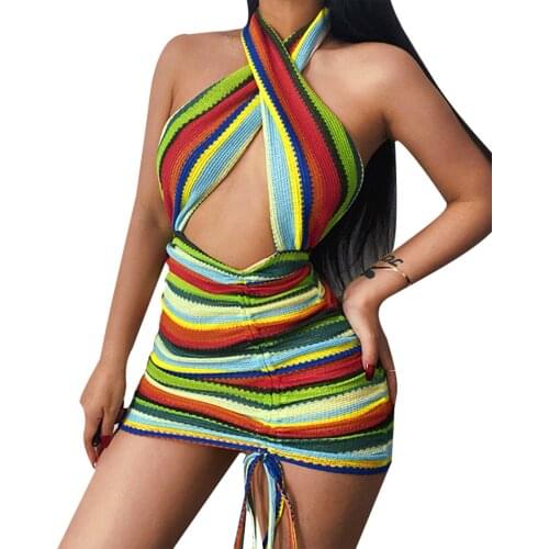 2021 Summer New Womens Sexy Hollow Out Slim Mini Dress Multicolor Striped Halter Neck Sleeveless Ruced Dress Clubwear Sundress