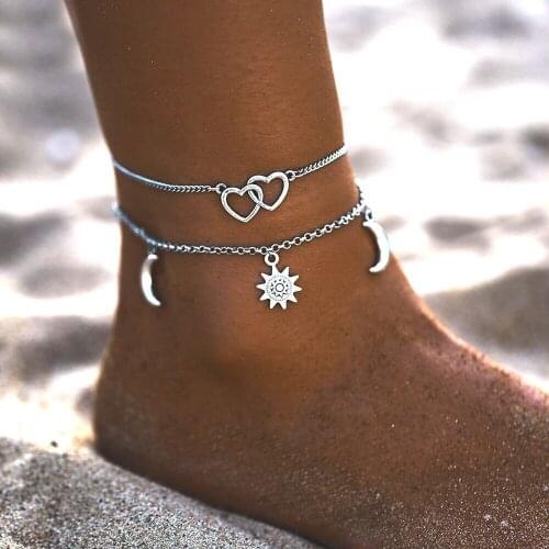 NEW Bohemian Mutilayer Heart Anklets For Women Girls Silver Summer Ocean Beach Ankle Bracelet Foot Leg Chain Jewelry 2021
