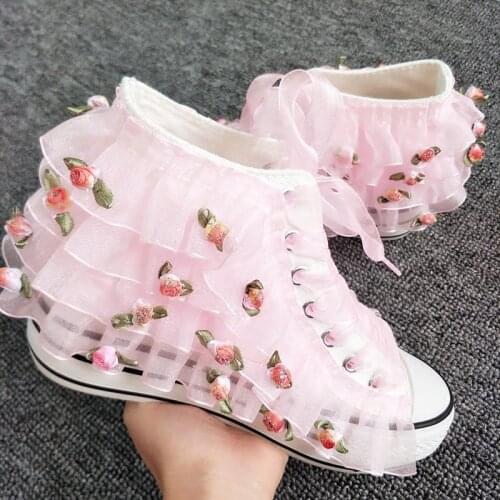 New exclusive custom pink lace three-dimensional cute flower canvas shoes womens lace high shoes fairies flat canvas shoes