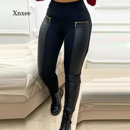 Autumn and winter womens casual black trousers womens fashion PU leather contrast zipper design high waist tights