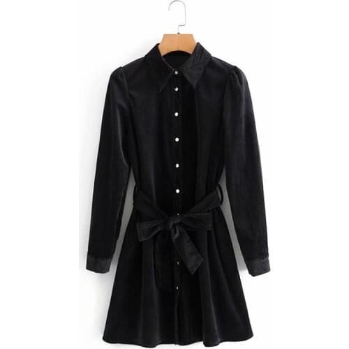 Evfer Spring Autumn Women Casual Turn-Down Collar Long Sleeve Za Black Dresses With Blet Female Fashion Velvet Slim Mini Dress