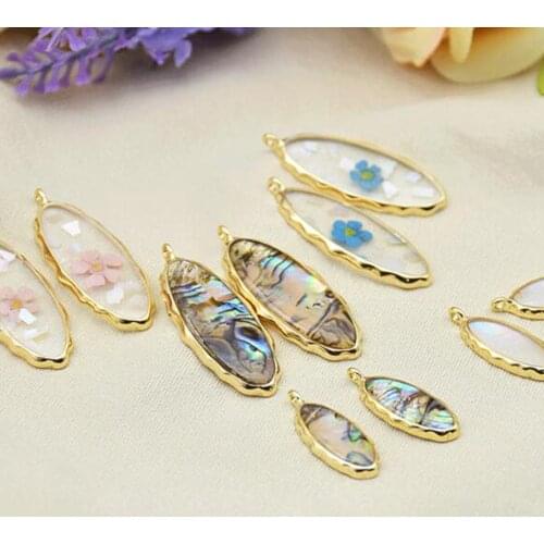 UV Acrylic Resin Long Oval Epoxy Shell Dried Flower Pendant Charms 10pcs/lot For DIY Fashion Jewelry Making Finding Accessories