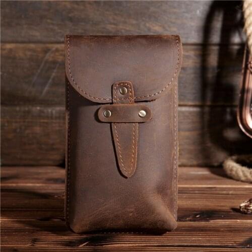 Mens Genuine Leather Fanny Waist Pack Small Pouch Mini Cell/Mobile Phone Pocket Male Money Bum Pouch Hook Bag Vintage Waist Bag