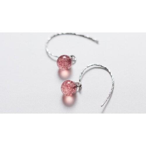 SO THIN 6MM Real 100% 925 Sterling Silver Fine Jewelry Round Pink Natural Strawberry Quartz Stone Hook Dangle Earrings gtle2243