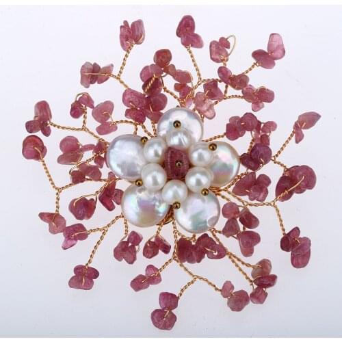 Yacq Womens Watermelon Quartz Freshwater Pearl Pin Brooch Pendant 2 in 1 Handmade Jewelry Flexible Copper Wire Gifts for Her