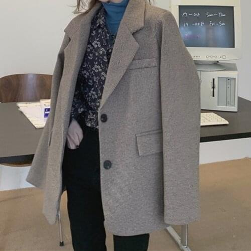 Women Vintage Plaid Blazers Loose Office Lady Jackets Casual Korean Blazers Outerwear Single Breasted Pockets