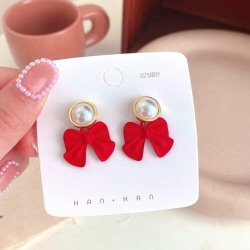 Spray Paint Bowknot Simulated Pearl Drop Earrings for Women Korean Sweet Red Color Dangle Creative Jewelry boucle d'oreille gift