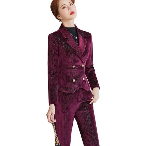 New Arrival Wine Blue Black Ladies Pant Suit Velvet Short Blazer Jacket And Trouser Women Female Formal Office Work 2 Piece Set