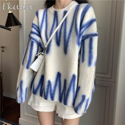 EKUWA 2021 Chic Fashion Women Autumn Cardigan Pullovers Oversized Women Round Neck Sweater Lazy Oaf Vintage Print Sweater Long