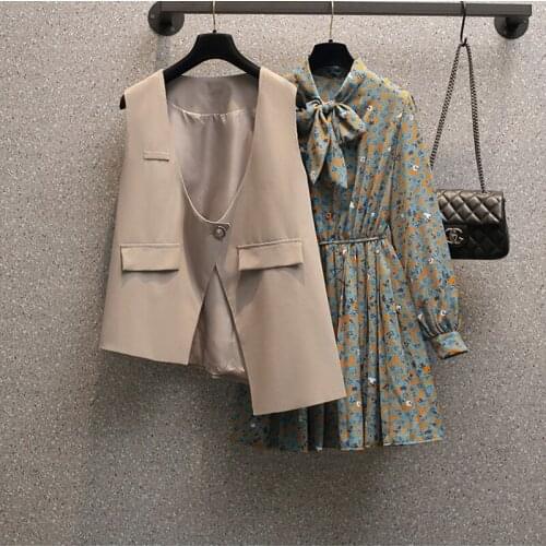 2021 women casual autumn dress suit vest two-piece retro floral print chiffon shirt skirt long sleeve ladies bow tie dress s14