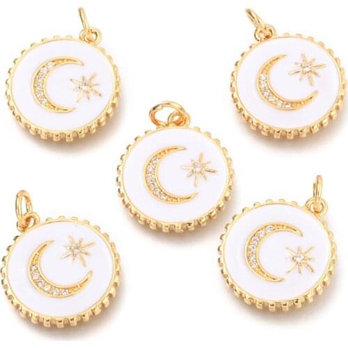 10pcs Brass Micro Cubic Zirconia Flat Round Pendants With Moon & Star Charms Pendant for necklace jewelry making DIY Decor