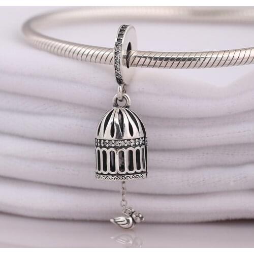 Authentic S925 Silver Bead Free As A Bird With Crystal Pendant Charm for Women Bracelet Bangle DIY Jewelry