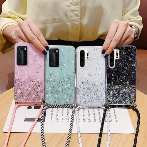 With Crossbody Lanyard Strap Glitter Clear Phone Case For Huawei Honor 10 Mate 20 7 9 30 pro Nova 4 3i P20 8 P30 Lite Pro Case