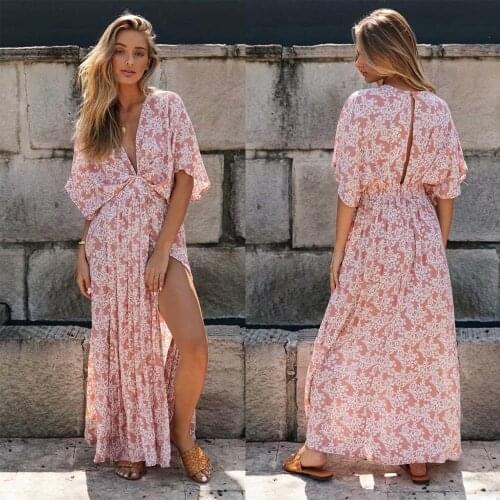 Europe and America2021Spring new batwing sleeve printed dress Side slitVCollar sexy dress