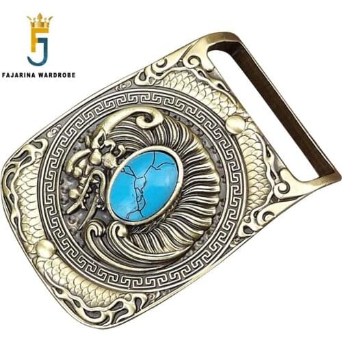 FAJARINA Unique Design Dragon Mother Pattern Embossed Turquoise Decorative Solid Brass Old Style Smooth Buckles for Men BCK002