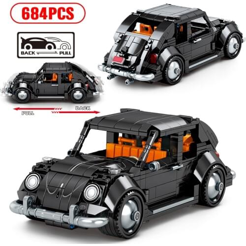 City Creator high-tech Pull Back Mechanical Beetle Car Model Building Bricks MOC Classic Vintage Vehicle Blocks Toy for Children