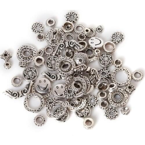 Hot Sale 50g Randomly Mixed Tibet Silver Plated Zinc Alloy Charms Beads Spacer Beads Fit European Bracelet Necklace DIY BeadS