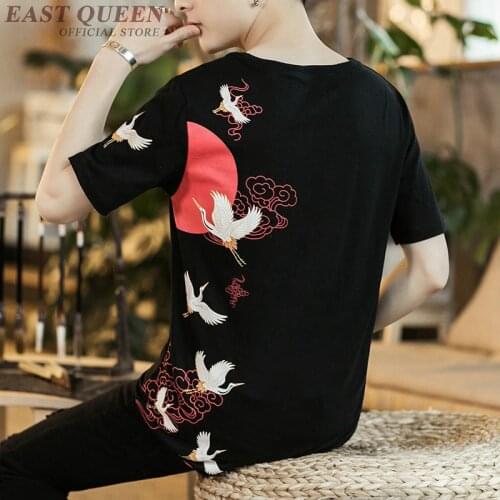 Chinese Shirt 2019 Summer Plus Size Men T-Shirt Embroidery Print Red-Crowned Crane Japanese Streetwear Hiphop Asian Shirt KK2845