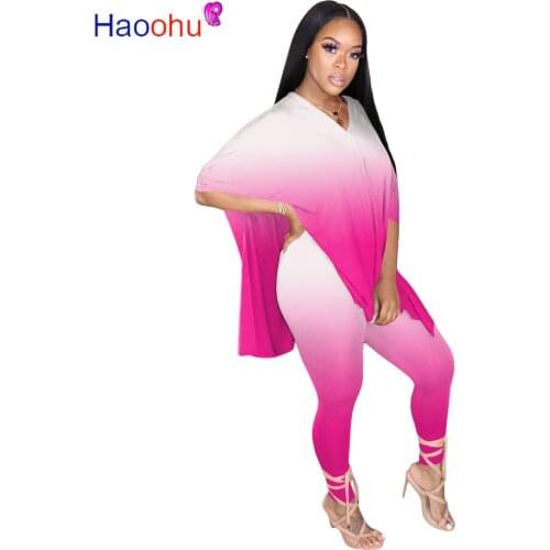 HAOOHU Two Piece Set Women Summer Tracksuit Side Split Plus Size Loose Top and Bodycon Pant Lounge Wear Outfits Matching Sets