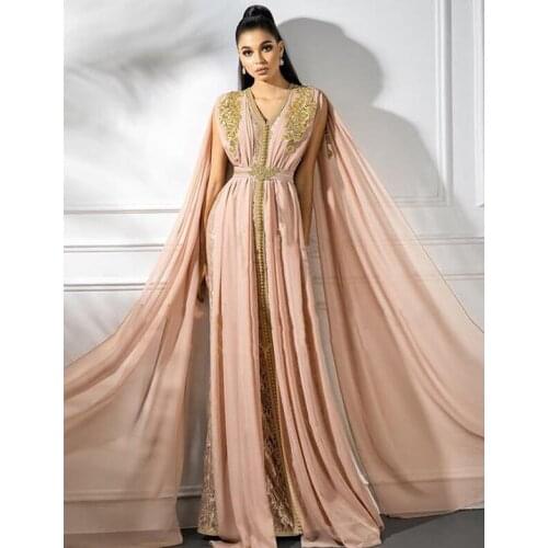 Moroccan Kaftan Caftan Muslim Evening Dresses A-line V-neck Chiffon Lace Pearls Dubai Arabic Turkey Abaya Islamic Evening Gown