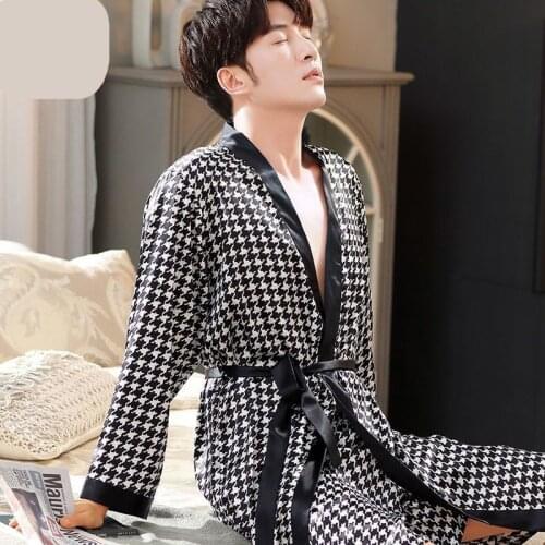 Man Rayon Sleepwear Sexy Print Homewear Big Size Long Sleeve Belt Robe Nightdress Clothes Men Fashion Pjs