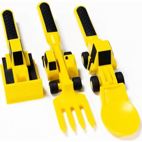 Novelty Cute Cartoon Kids Dinning Tool Set Children Durable Food-safe Soft Cutlery Architecture-Themed Car Tableware 3 Piece Set