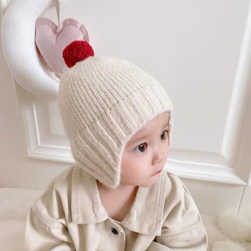 Autumn Winter Cute Wool Ball Baby Knitted Hat Korean Solid Candy Color Baby Warm Woolen Hat Red