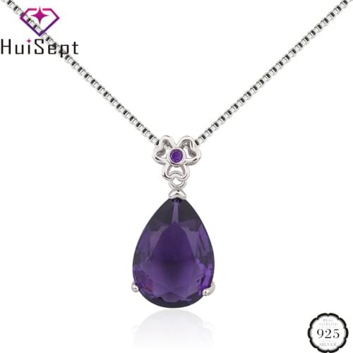 HuiSept Silver 925 Jewellery Necklace for Women Wedding Water Drop Shaped Amethyst Gemstone Pendant Valentine Day Gift Ornaments
